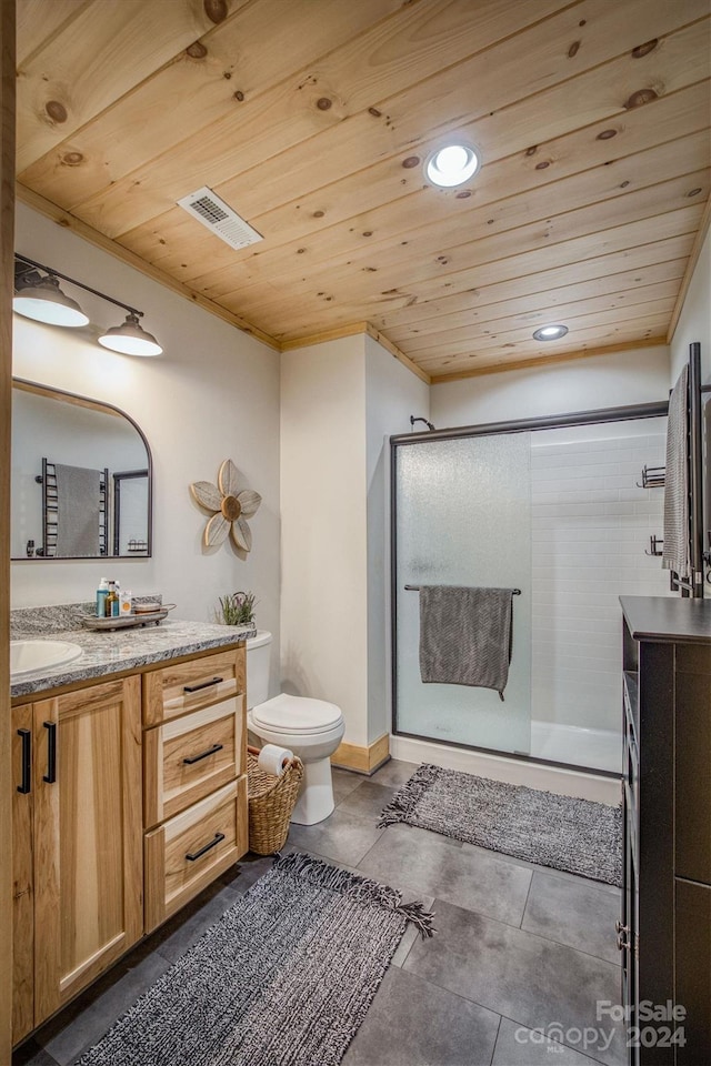 bathroom with vanity, toilet, an enclosed shower, and wooden ceiling