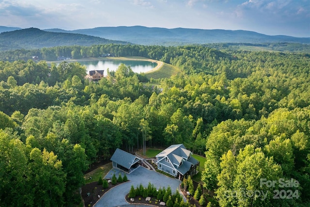 drone / aerial view with a water and mountain view