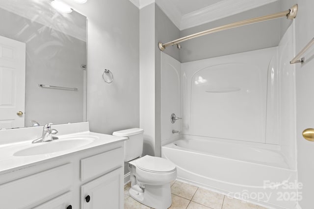 full bathroom with toilet, crown molding, tile patterned flooring, shower / bathtub combination, and vanity