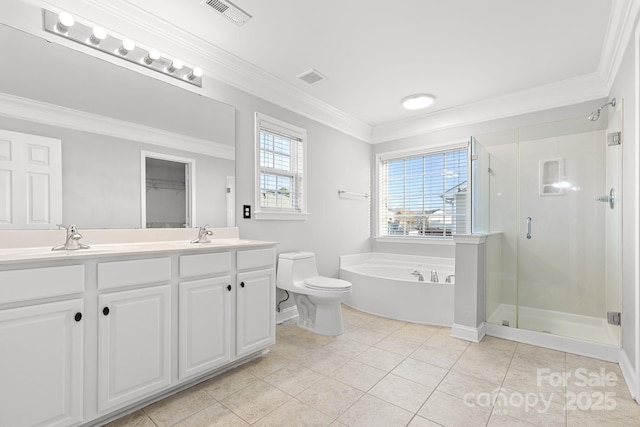 full bathroom with toilet, vanity, tile patterned floors, and plus walk in shower