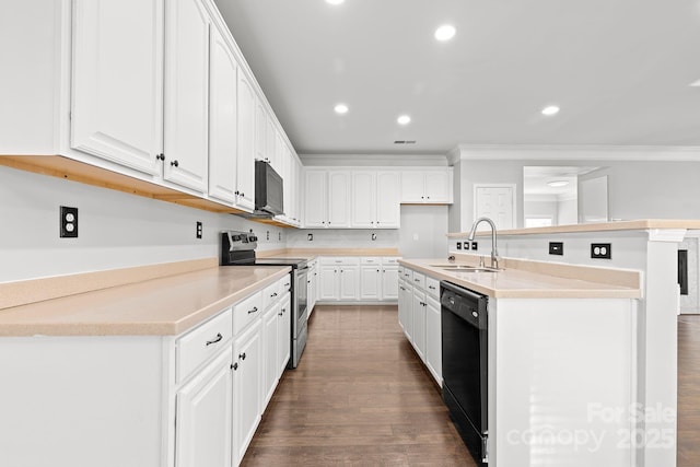 kitchen featuring black appliances, sink, crown molding, an island with sink, and white cabinets