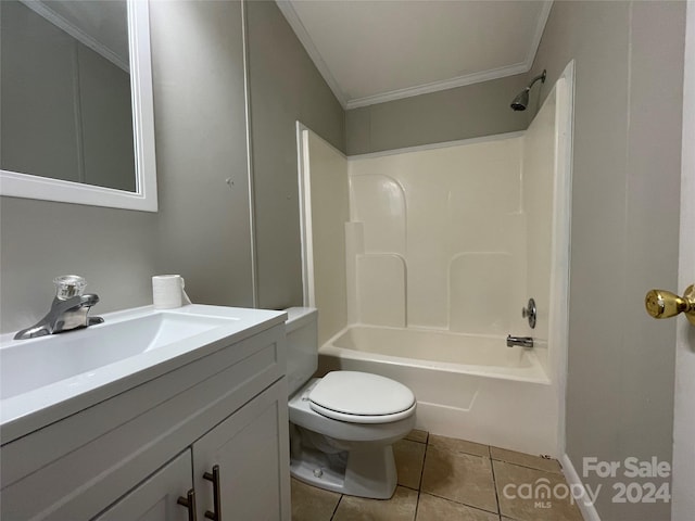 bathroom featuring vanity, shower / tub combination, crown molding, tile patterned floors, and toilet