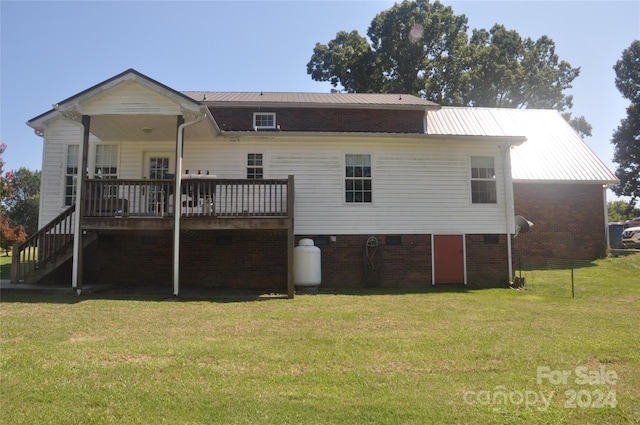 120 Old Belwood Rd, Lawndale, NC 28090 - back of property featuring a yard, a wooden deck, metal roof, and stairs