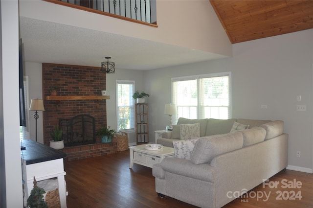 living room with a fireplace, high vaulted ceiling, and dark hardwood / wood-style floors