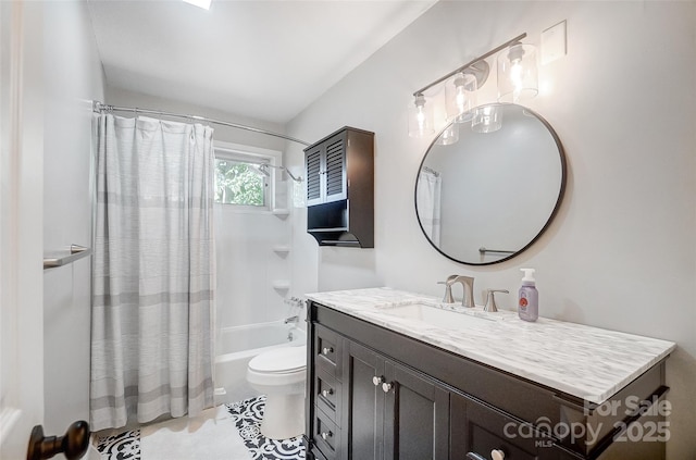 full bathroom featuring toilet, tile patterned flooring, shower / bathtub combination with curtain, and vanity