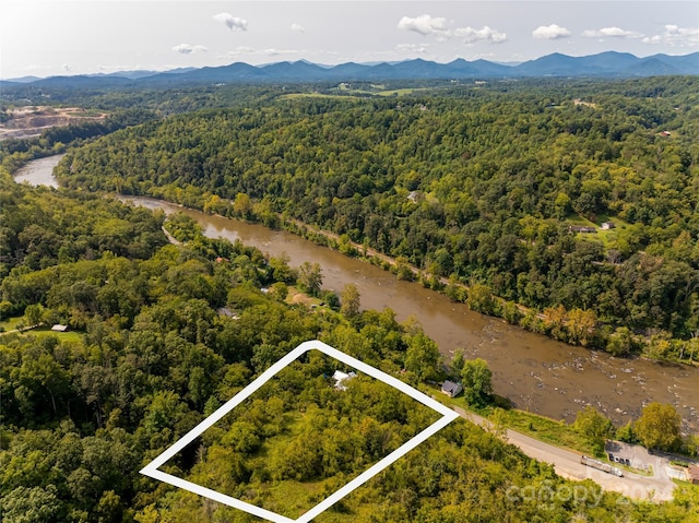 birds eye view of property with a forest view and a mountain view