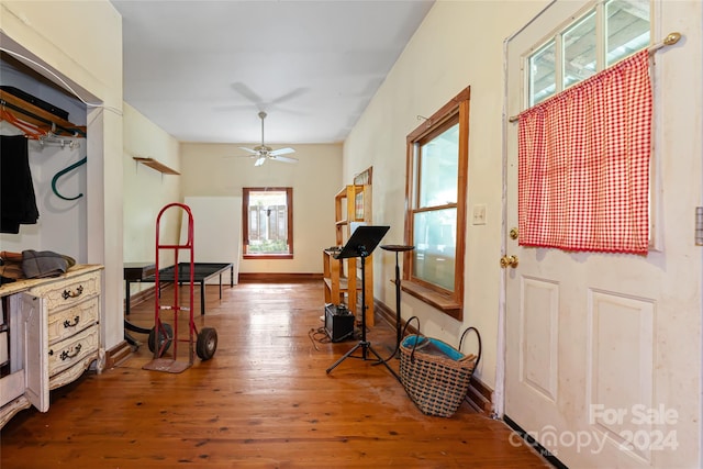 entrance foyer featuring baseboards, ceiling fan, and wood finished floors