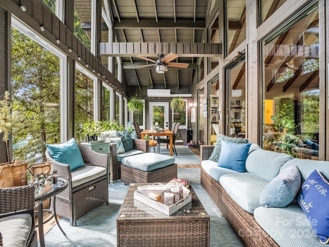 sunroom / solarium with ceiling fan