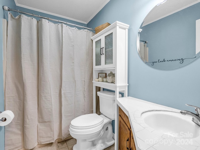 bathroom with vanity, crown molding, toilet, a shower with curtain, and tile patterned floors