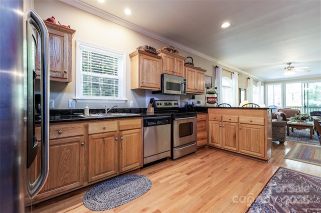 30 Lower Tanglewood Rd E Unit 1, Lake Toxaway, NC 28747 - kitchen with appliances with stainless steel finishes, ornamental molding, a sink, a peninsula, and light wood-type flooring