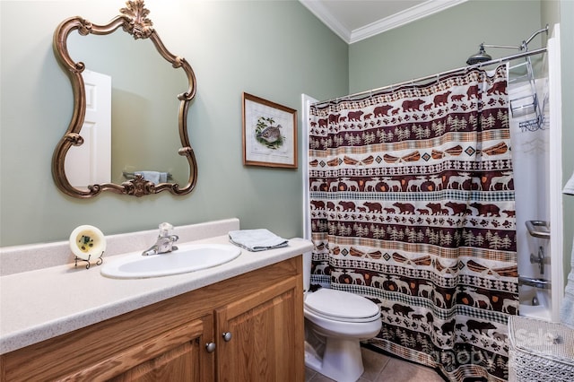 30 Lower Tanglewood Rd E Unit 1, Lake Toxaway, NC 28747 - full bath with crown molding, toilet, vanity, tile patterned flooring, and curtained shower