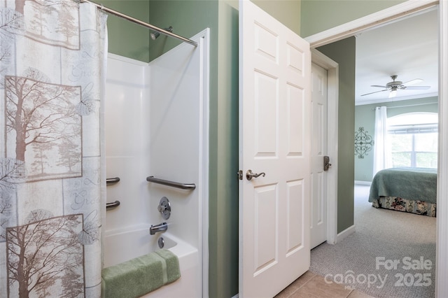 30 Lower Tanglewood Rd E Unit 1, Lake Toxaway, NC 28747 - full bathroom with a ceiling fan, shower / tub combo, tile patterned flooring, baseboards, and connected bathroom