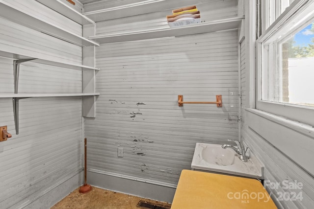 bathroom with wood walls and sink