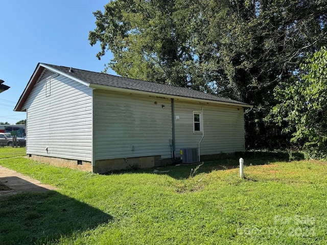 view of property exterior with crawl space and a lawn