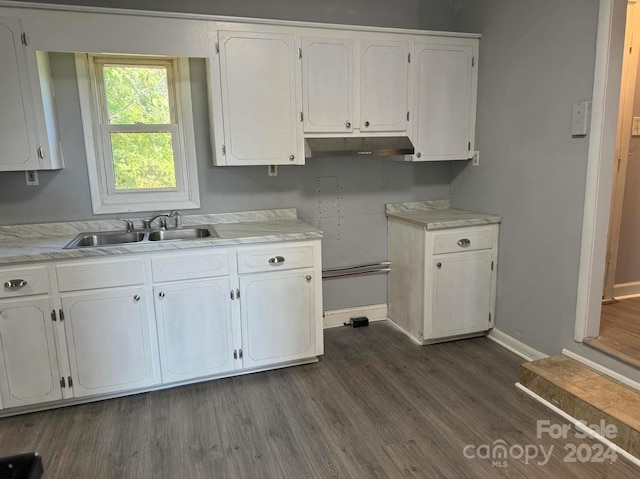 kitchen featuring under cabinet range hood, dark wood-style flooring, a sink, white cabinets, and light countertops