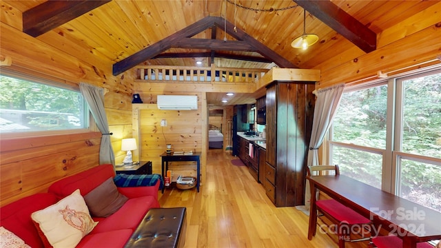 78 Smiling Fox Trl, Brevard, NC 28712 - living area featuring a wall mounted air conditioner, wooden walls, wooden ceiling, and light wood-style floors