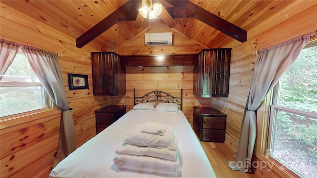 bedroom featuring wooden ceiling, wooden walls, multiple windows, and wood-type flooring