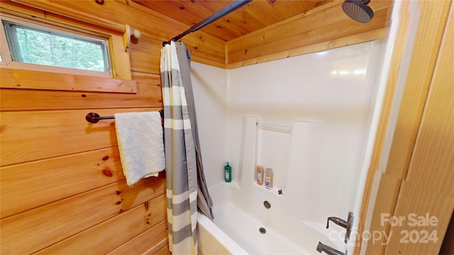 bathroom with shower / bath combination with curtain and wood ceiling