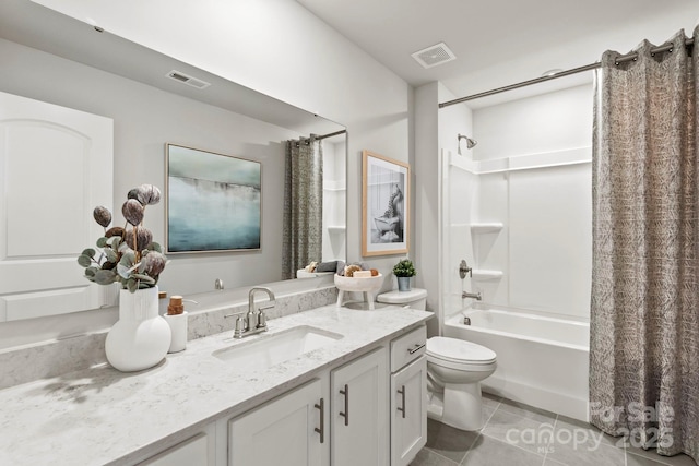 full bathroom featuring vanity, tile patterned flooring, shower / bathtub combination with curtain, and toilet