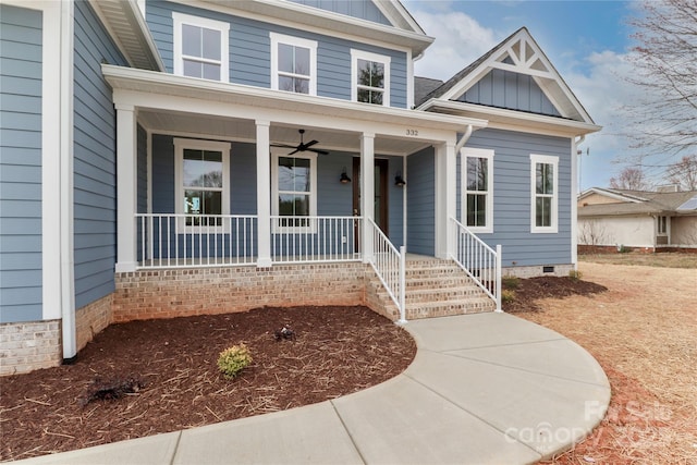 view of front facade with covered porch, board and batten siding, and crawl space