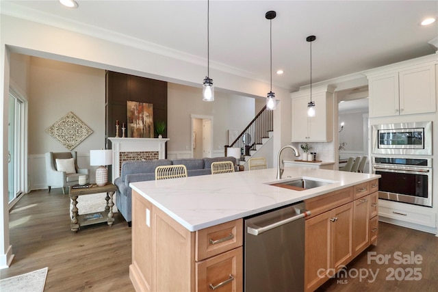 kitchen with an island with sink, a fireplace, a sink, dark wood-type flooring, and appliances with stainless steel finishes