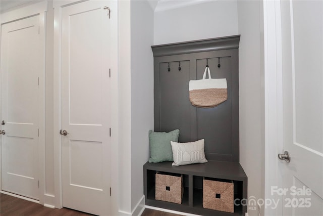 mudroom featuring dark wood-style floors and ornamental molding