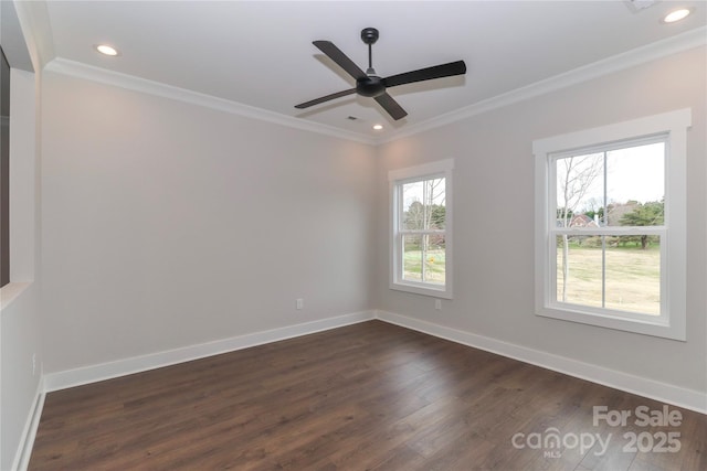 unfurnished room featuring baseboards, recessed lighting, ceiling fan, ornamental molding, and dark wood-type flooring