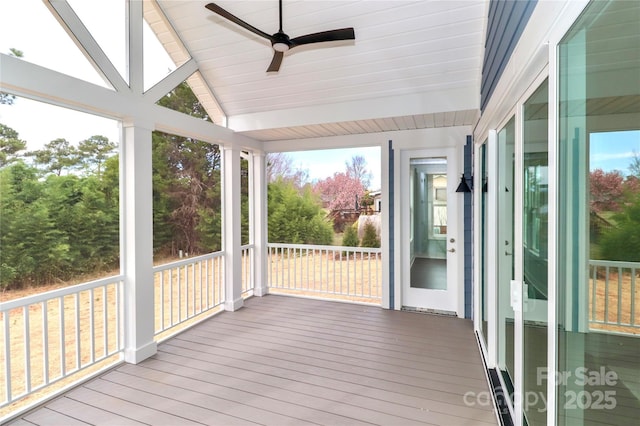 wooden deck with ceiling fan