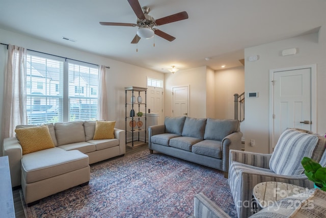 living room with ceiling fan