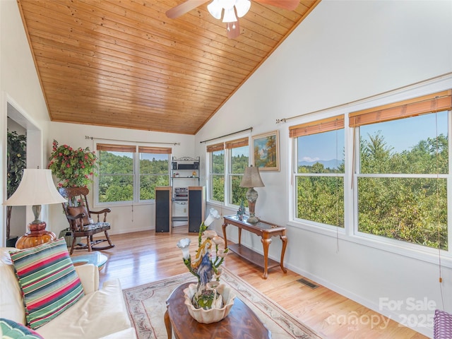 sunroom with lofted ceiling, ceiling fan, and wooden ceiling