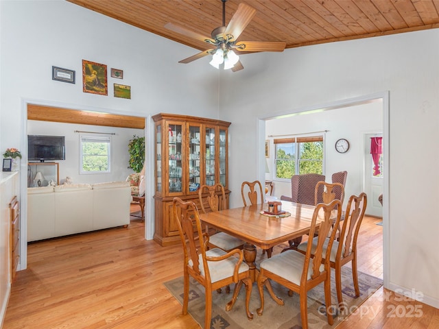 dining room featuring ceiling fan, light hardwood / wood-style floors, plenty of natural light, and wooden ceiling