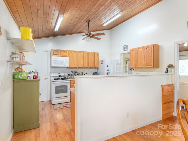 kitchen with white appliances, high vaulted ceiling, light wood-type flooring, kitchen peninsula, and wood ceiling