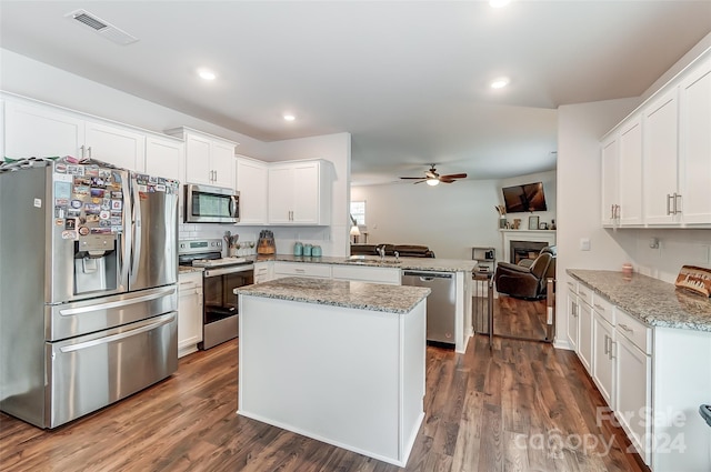 kitchen with open floor plan, stainless steel appliances, a peninsula, and white cabinetry