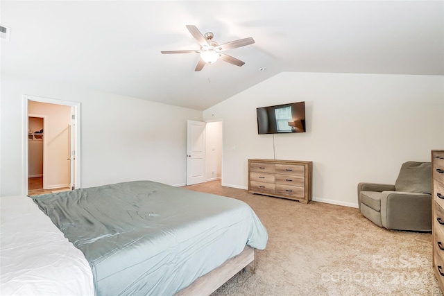 bedroom featuring visible vents, light carpet, vaulted ceiling, ceiling fan, and baseboards