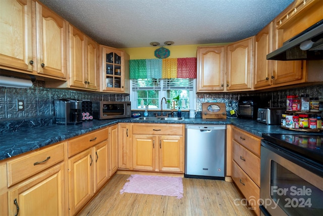 kitchen featuring light hardwood / wood-style flooring, stainless steel appliances, sink, wall chimney exhaust hood, and a textured ceiling