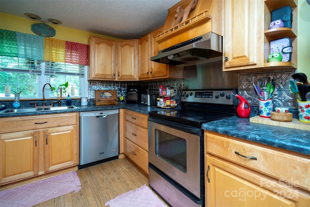 kitchen with ventilation hood, light hardwood / wood-style flooring, appliances with stainless steel finishes, sink, and a textured ceiling