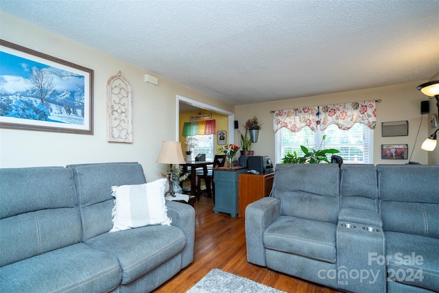 living room featuring a textured ceiling and hardwood / wood-style flooring