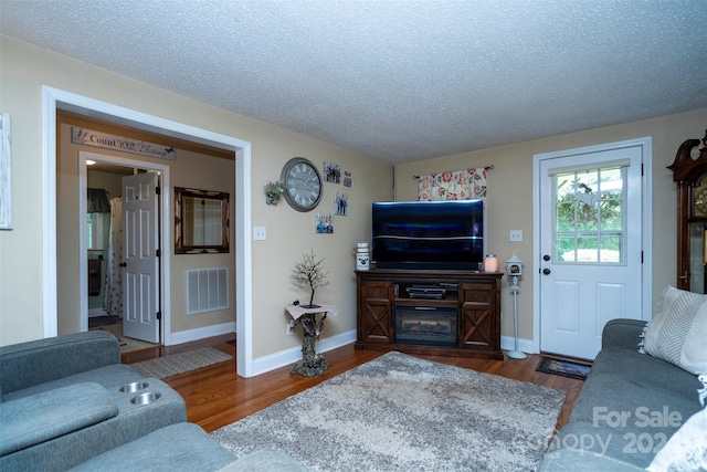 living room with a textured ceiling and dark hardwood / wood-style floors