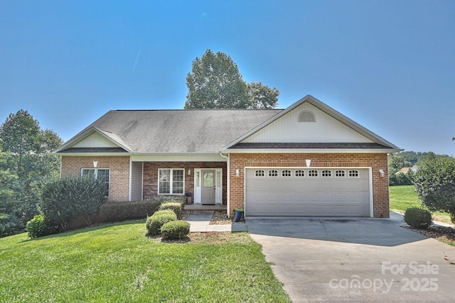 single story home featuring a garage and a front lawn