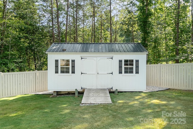 view of shed with a fenced backyard