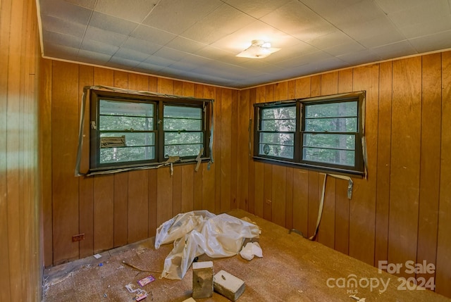 carpeted empty room featuring wooden walls