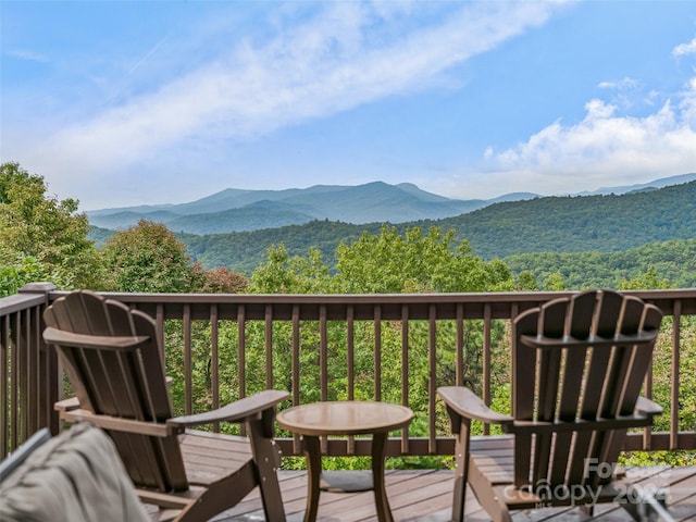 wooden deck with a mountain view