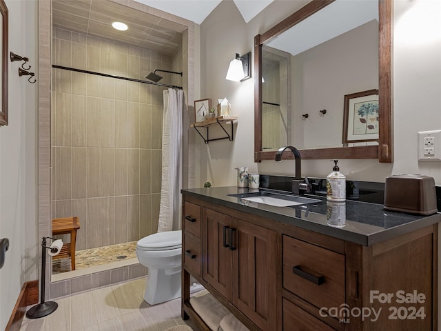 bathroom with a shower with curtain, toilet, and vanity