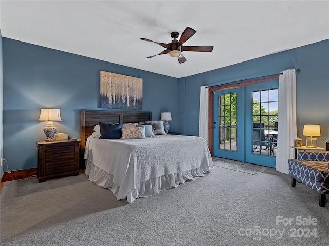 carpeted bedroom with ceiling fan, access to exterior, and french doors