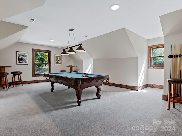 recreation room featuring billiards, plenty of natural light, and carpet floors