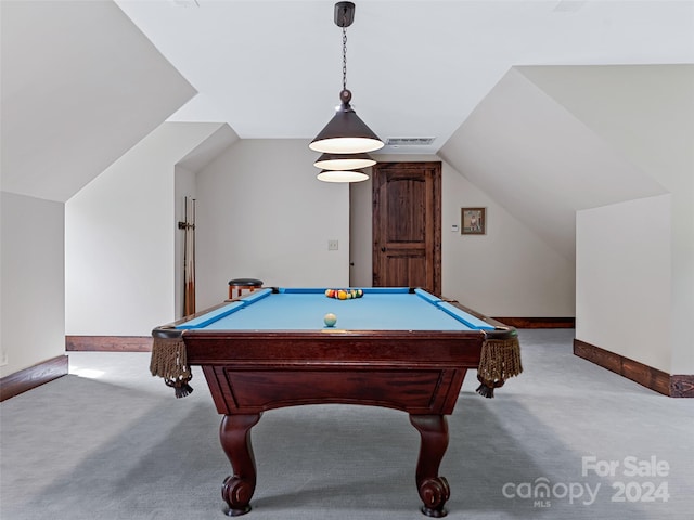 rec room with lofted ceiling, billiards, and light colored carpet