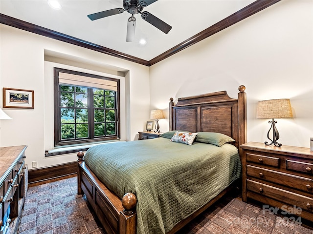 bedroom featuring ceiling fan and ornamental molding