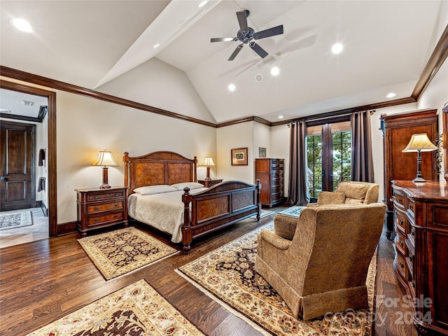 bedroom featuring ceiling fan, crown molding, dark hardwood / wood-style floors, and lofted ceiling