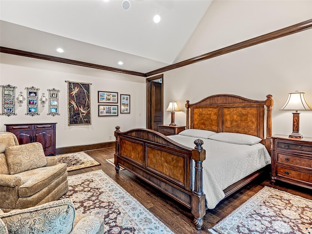 bedroom featuring high vaulted ceiling and dark wood-type flooring