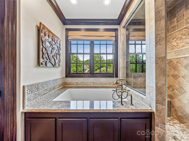 bathroom with backsplash, a tub to relax in, and ornamental molding